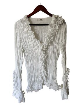 Kaelyn-max Ruffled V-Neck Crinkle Blouse — White